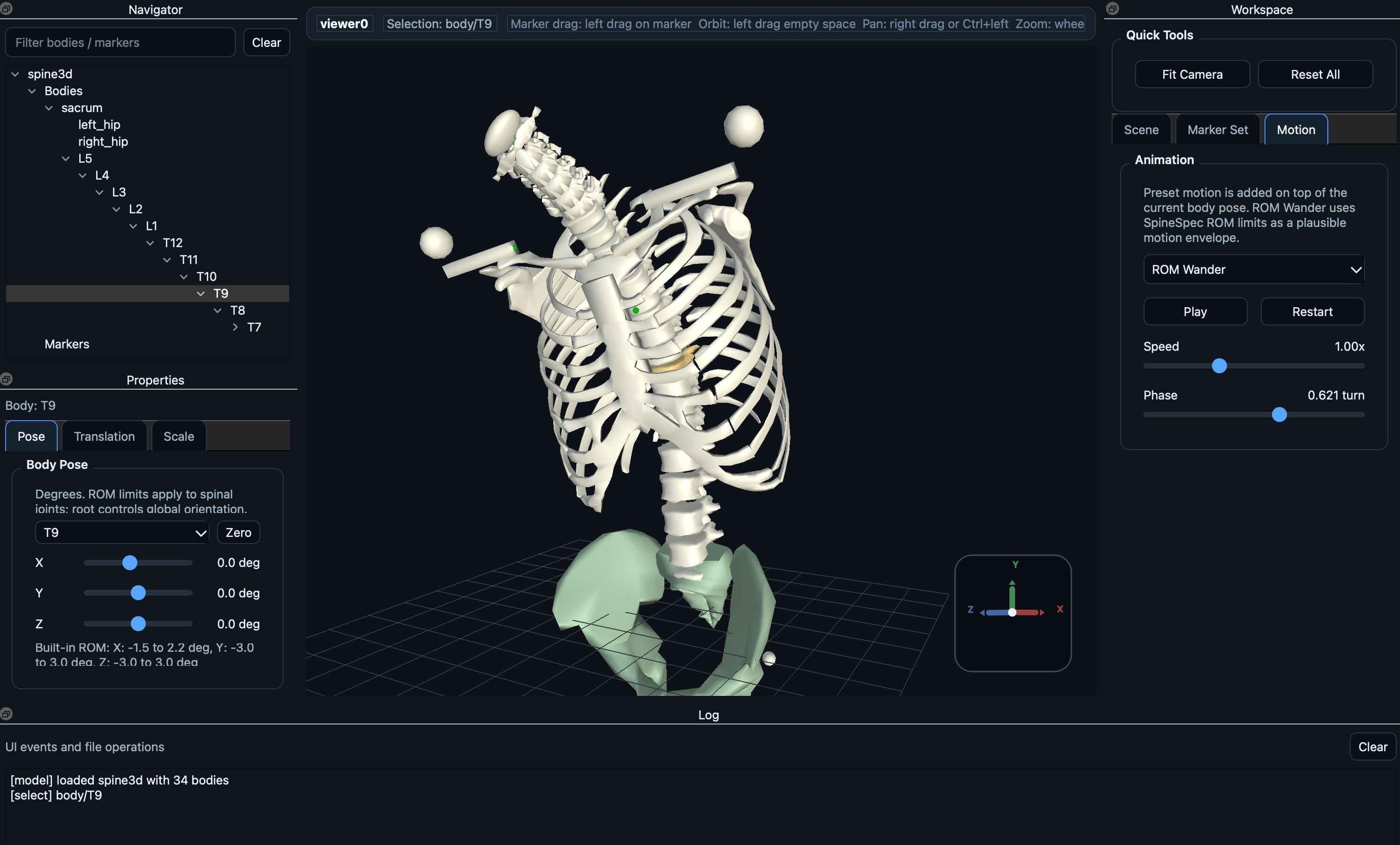 Kinavo Spine simulator with individual vertebrae, body controls and a 3D spine model